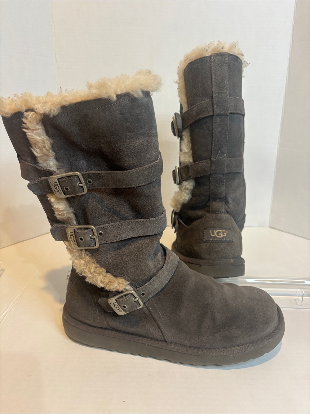 UGG Maddie Charcoal Grey Triple Buckle Suede Boots